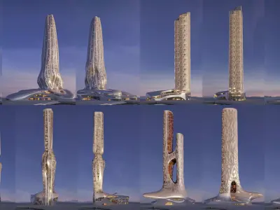 Futuristic building collection 4x 10 3D Model Pack