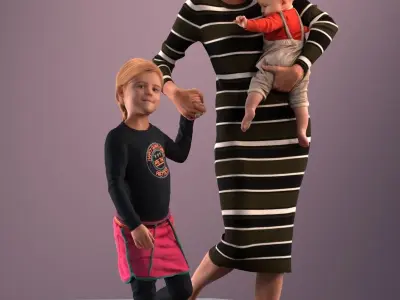 Pre-posed mother with her kids 3D model