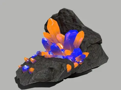Crystal Set rock with orange and crystals Low-poly 3D model