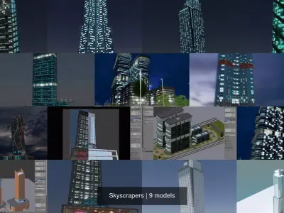 Skyscrapers tall building at night 3D Model Pack