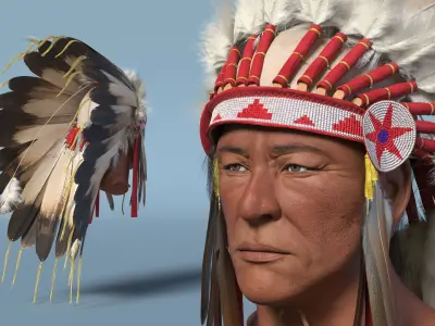  Feather Headdress on Elderly Man with Red 