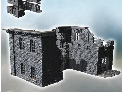 Brick building with missing sections collapsed floors and debris 3D print model