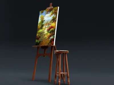 Carved Wood Easel and Painting Set 3D model