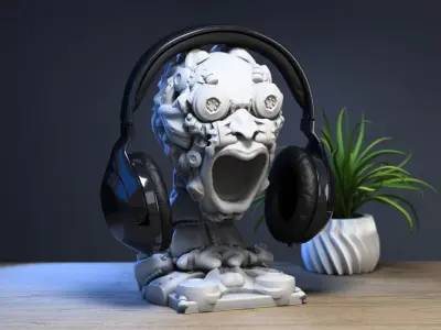 Robot Skull Headphone Stand Cyborg Headset Stand 3D print model 6