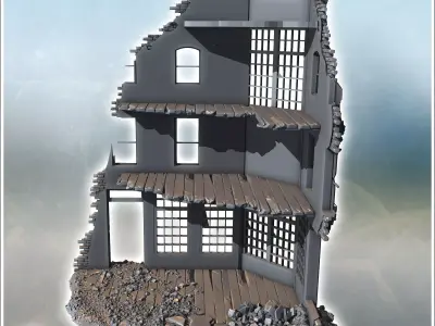 Curved building facade with shattered windows bullet impacts and 3D print model