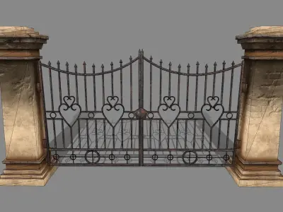 wall set stone with iron railings Low-poly 3D model