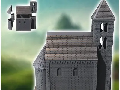 Christian chapel in hewn stone with a tiled roof and a gothic-st 3D print model