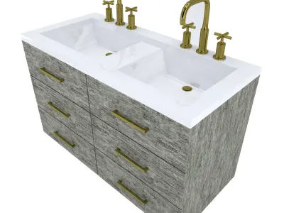 Vanity-006B bathroom vanity with two sinks and brass faucets 3D model