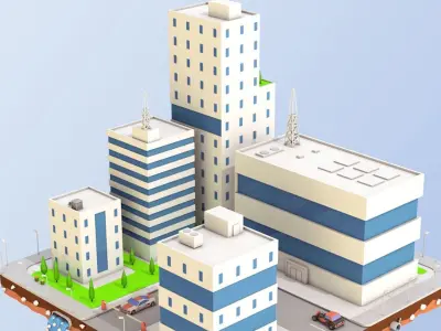 Low Poly City Block Factory Buildings  Low-poly 3D model