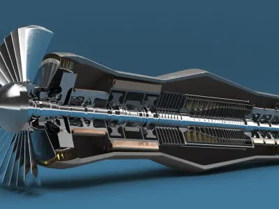  Rotor and Shaft Jet Engine Turbine in Cutaway 