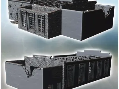 Partially destroyed building with large windows and missing roof 3D print model