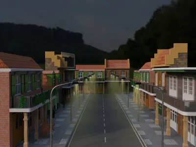 CIty set of buildings on street Low-poly 3D model