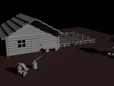 Village 3D low poly log cabin Low-poly 3D model