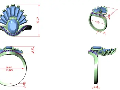 Baguette Fan Halo Engagement Ring CAD Design 3D print model