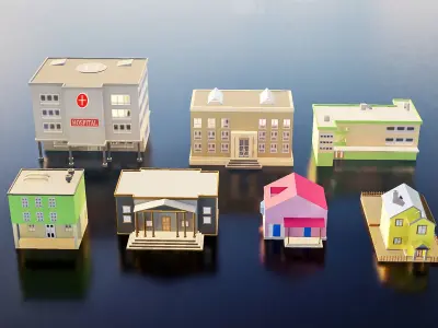 Stylized Residential Building Set Low-poly 3D model