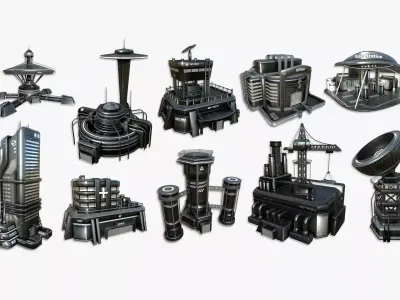 10 Sci Fi Buildings Collection I - Dark Metal - Exterior Design 3D Model Pack