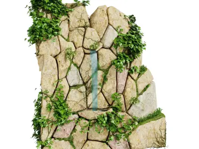 Mossy Stone Wall Wall with waterfall 3D model