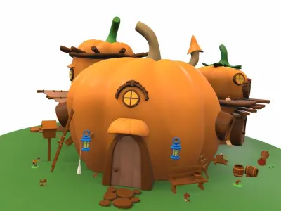 Cartoon pumpkin house and props 2 3D model