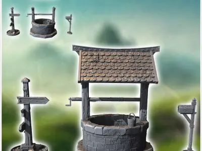 Outdoor accessory set with tile-roofed well wooden sign and lett 3D print model