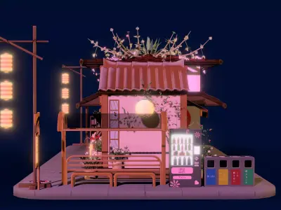 Stylized Japanese Mini Street Diorama 3D Model Low-poly 3D model