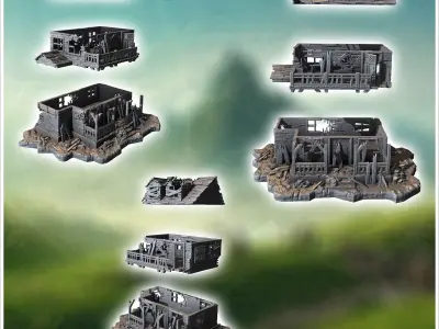 Abandoned wooden house with broken windows collapsed walls and s 3D print model