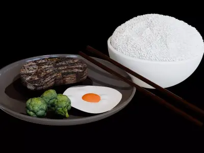 Delicious steak broccoli egg and rice 3D model