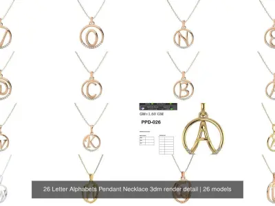 26 Letter Alphabets Pendant Necklace 3dm render detail 3D Model Pack
