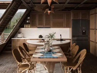 -Living Room and Kitchen with Dinning Set Low-poly121 Low-poly 3D model