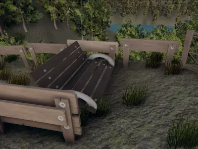 Wooden fences with door and a low poly chair Low-poly 3D model