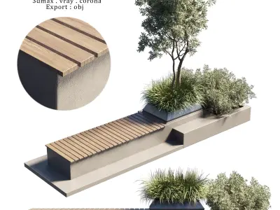 Urban Environment Urban Furniture Green Benches Plants Low-poly 3D model