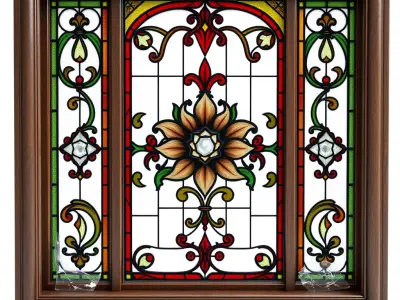 Ornate Stained Glass Window Wood Frame Low-poly 3D model