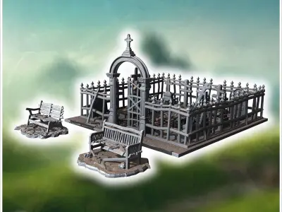 Gothic-style graveyard with spiked fences benches and a detailed 3D print model