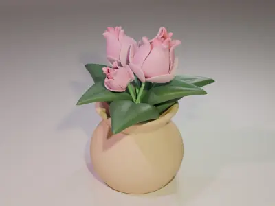 Flowers and leaves with a clay pot with three points lighting Low-poly 3D model
