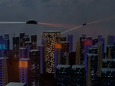 Futuristic Sci-Fi City Stylized Night Scene with Flying Vehicles Low-poly 3D model