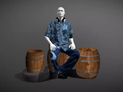 Denim Mannequin Sitting on Barrels 3D model