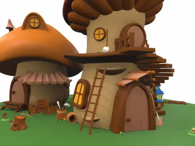 Cartoon mushroom house and props 4 3D model