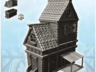 Large medieval house with tiled roof and side awning 1 - Medieva 3D print model