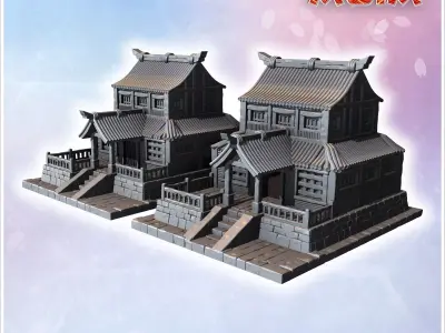 Pair of large Japanese buildings with wooden stairs tiled roofs  3D print model