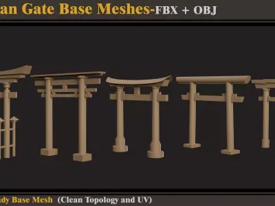 15 Asian Gate Base Meshes- FBX -OBJ  3D model