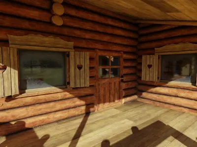 Large Log Cabin with Interior Fireplace Doors and Windows Low-poly 3D model