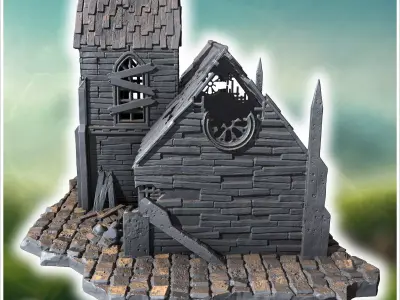Ruined church with broken roof damaged walls and stone-paved gro 3D print model