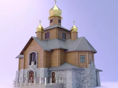 Church with a wooden log house 3D model