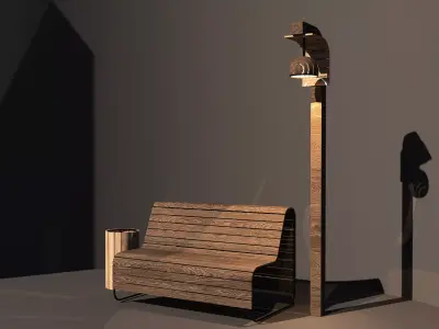 Garden Bench with Lamp and Trash Bin -Outdoor Set- Low-poly 3D model