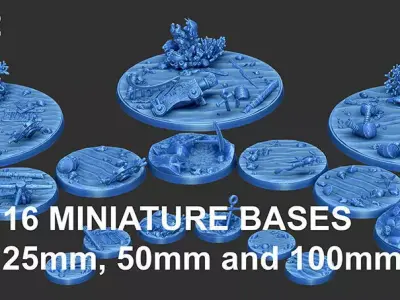 PACK 2 - 16 MINIATURE BASES 25mm 50mm and 100mm 3D Print Ready 3D print model