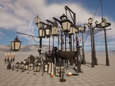 Realistic street lamps candles wall mounted lights  pots torches Low-poly 3D model