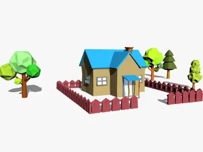 Cartoon Scene with House and Trees 3D model
