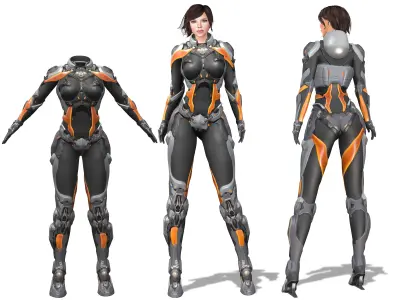 Female Full Body Sci-Fi Orange Black Bodysuit Low-poly 3D model