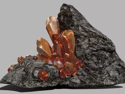 Crystal Set rock with orange crystals Low-poly 3D model