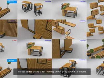 loft set  tables chairs  shelf  hallway bench v-ray corona 3D Model Pack