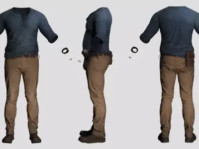 Realistic Male Casual Outfit - Blue Henley Brown Chinos Low-poly 3D model